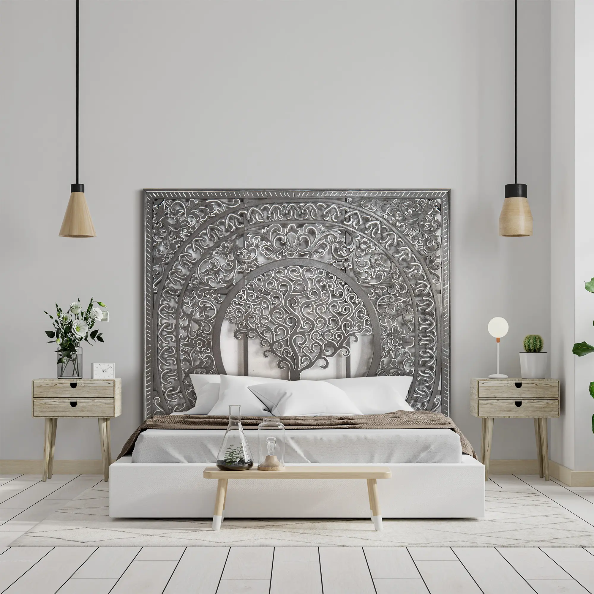 Hiasan Dinding Ukiran Tangan Bed Headboard 'Tree of Life' - Grey & White - 183 x 183 cm