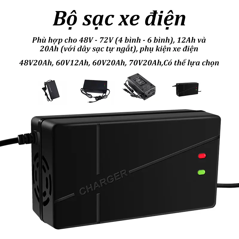 Bộ sạc xe Điện Thích hợp cho 48V - 72V (4 pin - 6 pin), 12Ah và 20Ah, với cáp sạc tự cắt, Phụ kiện xe Điện Ắc Quy Bình Ắc Quy