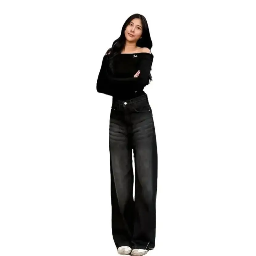 Celana Highwaist Loose retro baggy jeans Unisex Hitam Wanita