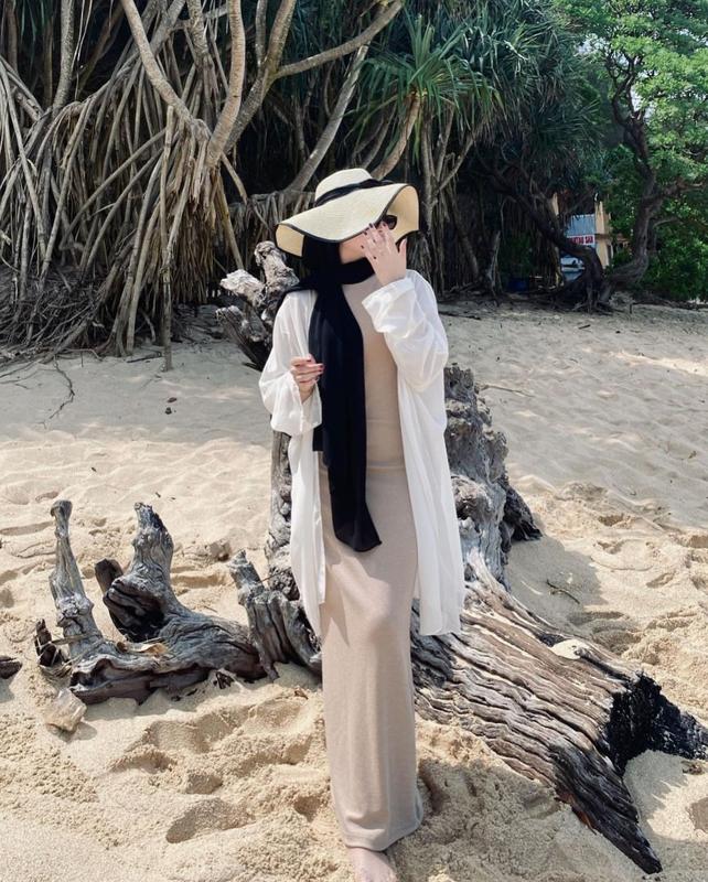 Style One set OOTD 3in1 Wanita Kekinian Long Dress Knit & Topi pantai lebar list hitam MIX Cardigan Outer Cardy Premiun Kualitas Bagus Polos Nyaman Panjang 7