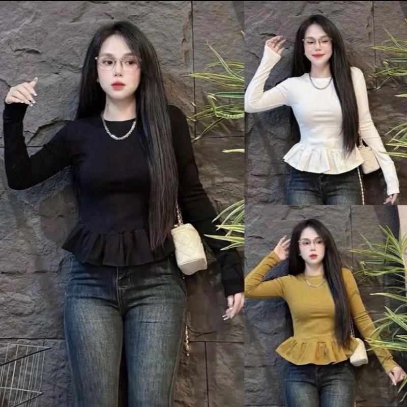  Áo thun tay dài phối vạt bèo cổ tròn 1520 bigsize 45-85kg chất liệu thun tăm lạnh co giãn tốt L3 