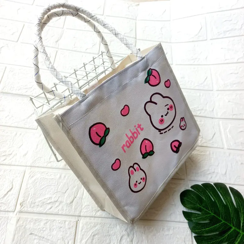 Tote Bag Mini Tali Sumbu Putih Wanita Tas Mini Motif Sablon Totebag Serut Karakter 1