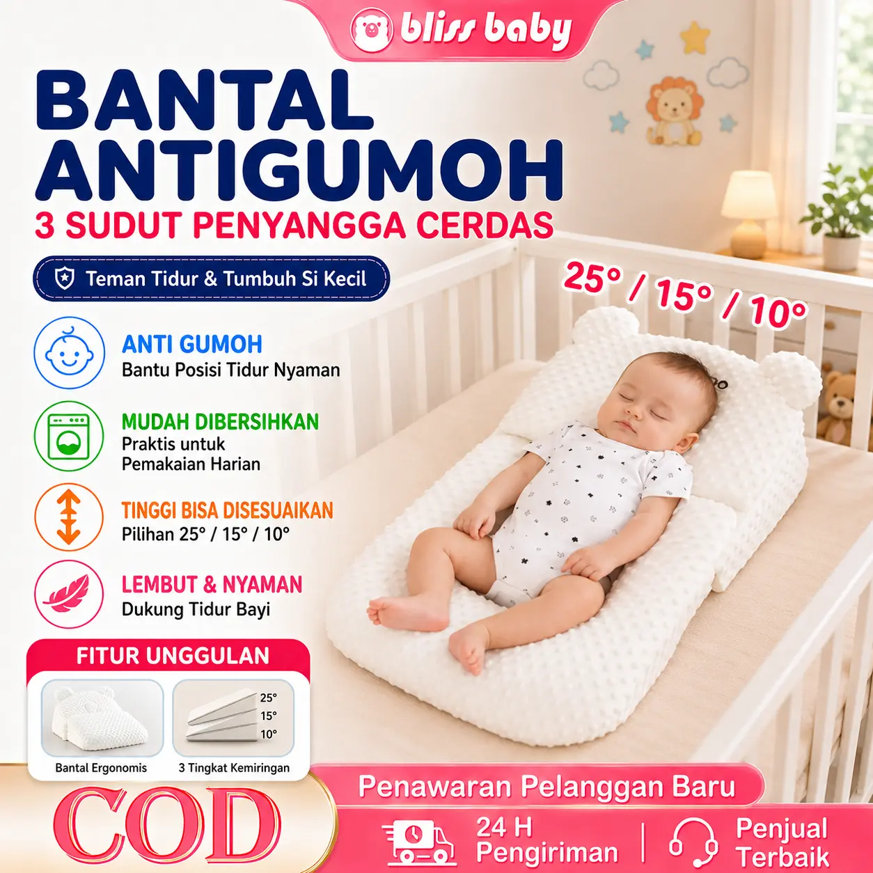 Bantal Bayi Anti Gumoh Anti Muntah Bantal Tidur Bayi Ergonomis 3D untuk Bayi Baru Lahir Newborn Redakan Gumoh Desain Lengkung Besar Lembut Nyaman Katun 100% Aman untuk Tidur Bayi
