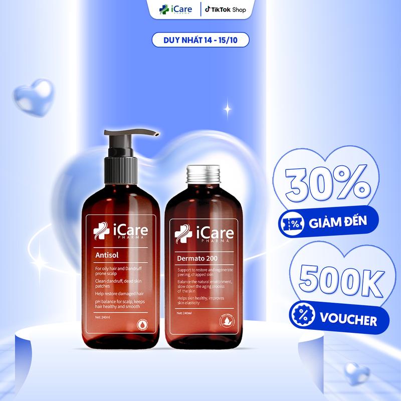 Combo Hỗ Trợ Cải Thiện Phục Hồi Tóc Hư Tổn - Sạch Gàu gồm Serum Dermato 200 & Dầu gội Antisol iCare Pharma