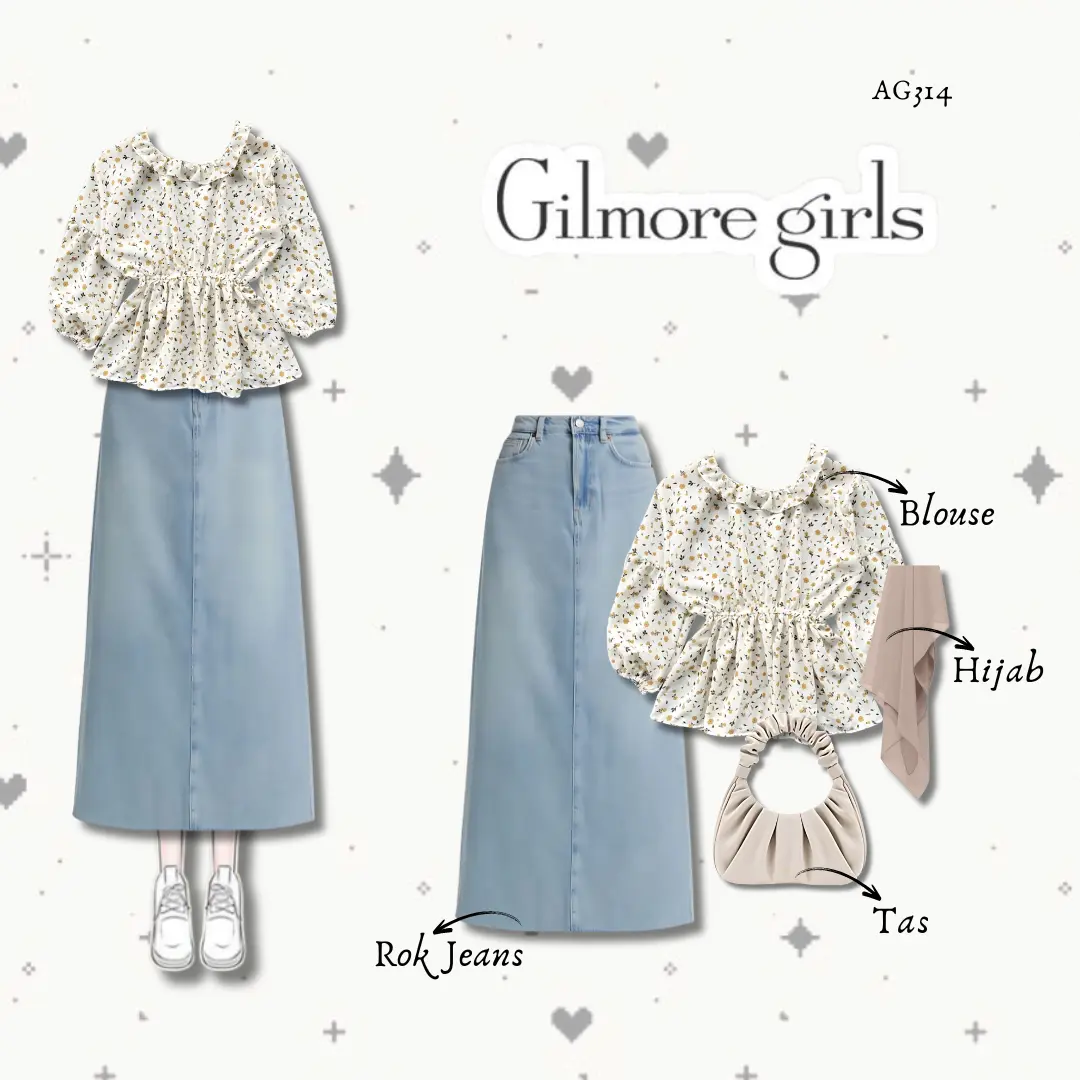 4in1 Outfit lebaran Korean Style Kekinian | Blouse + Rok Jeans + tas + Hijab | SET AG314