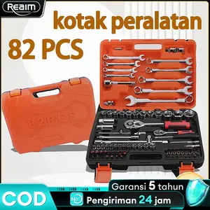 REAIM 82pcs Tool Kit, Set Kunci Shock dan Kunci Pas Soket, Set Alat Mobil, Kotak Alat Lengkap, Termasuk Kunci Pas Torsi, Kunci L, Obeng Set, dan Kunci Shock, Terbuat dari Logam, Cocok untuk Pekerjaan Perbaikan Kendaraan dan Rumah Tangga