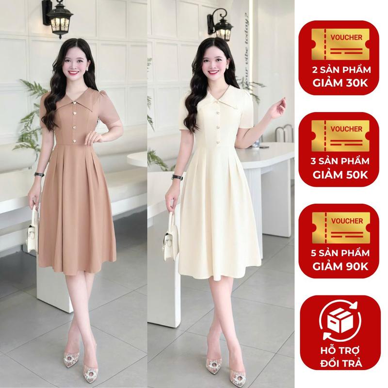  Đầm váy nữ thiết kế Nhật Vy cổ V tay ngắn dáng xoè bigsize chất lụa công sở văn phòng dự tiệc quà tặng vợ mẹ màu kem đen cacao - D3443 set  mix 