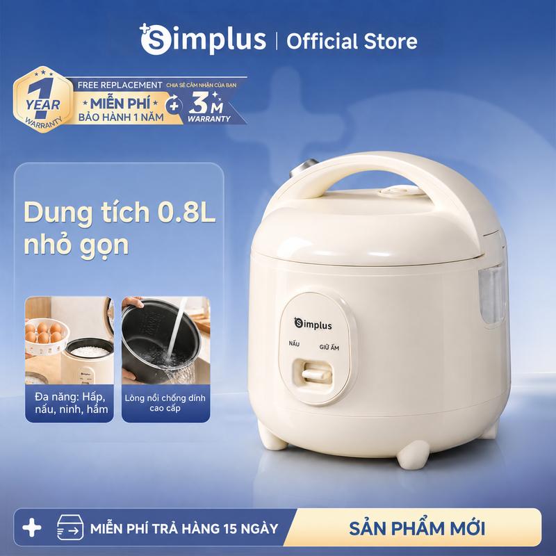 Nồi Cơm Điện Simplus Dung tích 0.8L DFBA012 Có Khay Hấp, Nồi cơm Mini Phù hợp 1-2 người sử dụng, Nồi kèm khay hấp, lòng nồi chống dính, đa năng nấu hấp,Bảo hành 1 năm chỉ đổi không sửa