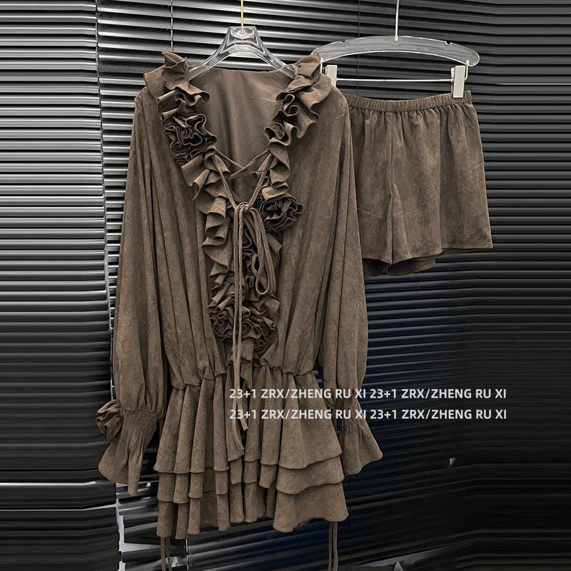 Bộ Thời Trang Da Lộn Cho Nữ Váy Hoa 3D Độc Đáo Và Quần Đùi Bộ Hai Mảnh 15132