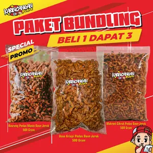 PAKET BUNDLING!! Usus Krispy Pedas Daun Jeruk 500gr, Basreng Pedas Manis Daun Jeruk 500gr, Makaroni Cikruh Pedas Daun Jeruk 500gr. BELI 1 DAPAT 3