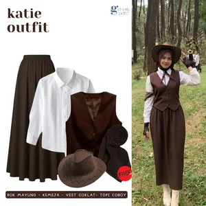 One Set Outfit Cowboy Vintage | Kemeja Putih, Vest Coklat Tua, Rok Mayung Coklat, Topi Coboy - GGO67
