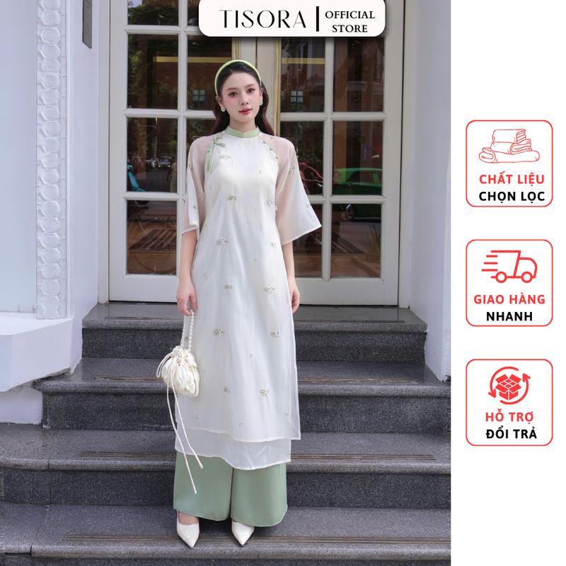 Tisora Áo dài Mộc Diệp tay lửng thêu hoa lá đính nơ phối nút bọc + quần chất liệu tơ cao cấp size S-XXXL phù hợp Tết và đi lễ