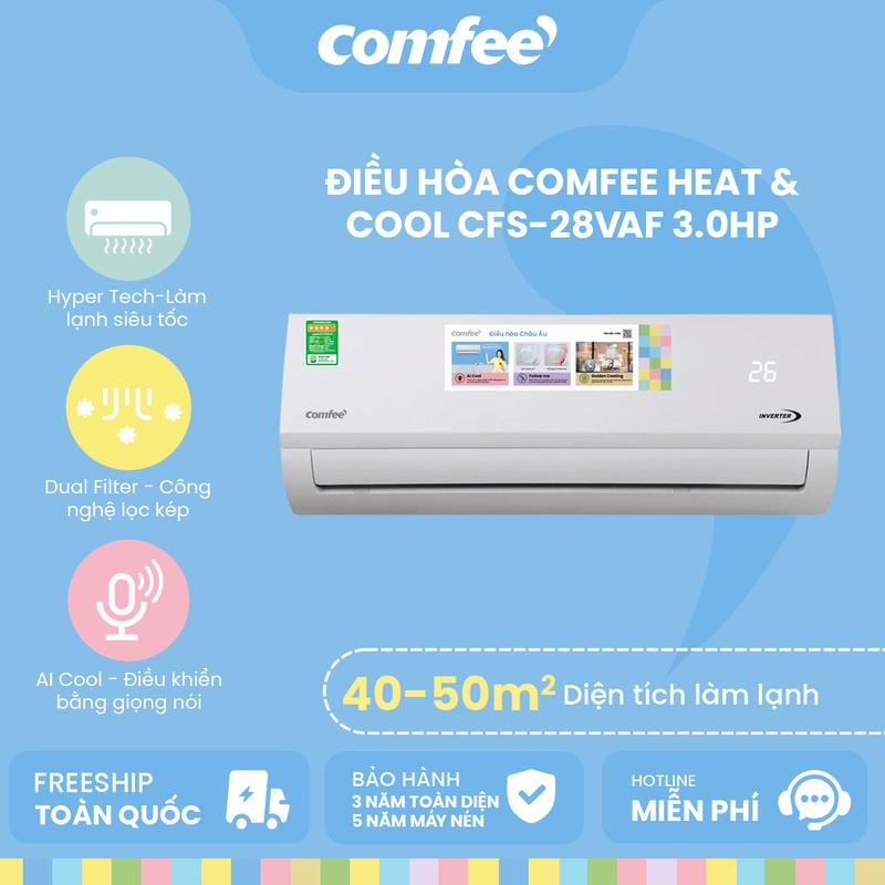 [MIỄN PHÍ LẮP ĐẶT] Điều hòa Comfee Inverter CFS-28VAF 3.0HP - Công suất làm lạnh 27,000 Btu/h - Một chiều - Diện tích làm lạnh 40～50m² - Tiết kiệm điện 0