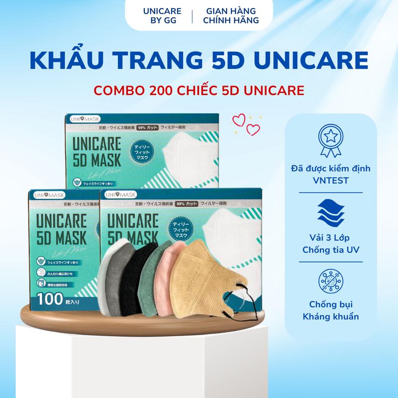   UNICARE LIVE  - Combo 200 Chiếc Khẩu Trang 5D Unicare | 3 Lớp Chống Bụi Mịn Mềm Mại Thông Thoáng Quai Đeo Chắc Chắn Thiết Kế Ôm Mặt Vải Không Dệt Chất Lượng Cao Phụ Kiện Thời Trang Nam Nữ 
