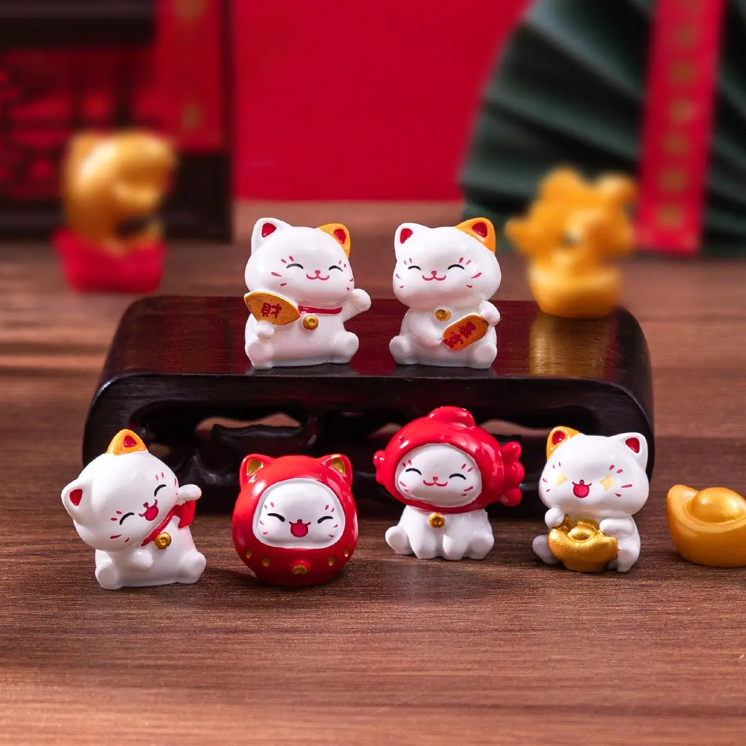 6/12pcs New Chinese Cartoon Maneki Neko Ornaments Animal Figurine Lucky Cat Model Good Luck Wealth Home Desktop Car Decoration