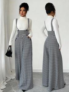 Pantalones de pierna ancha de punto con estampado de cuadros para mujer, diseño con botón y bolsillo frontal, monos elegantes y a la moda para el trayecto diario, otoño invierno
