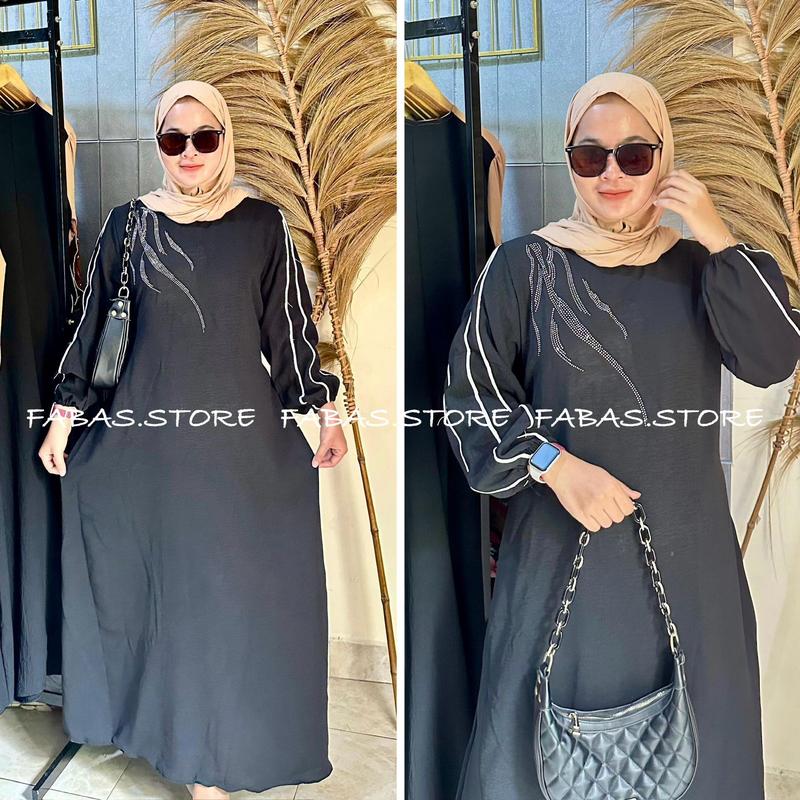 Azkya Dress  Gamis Cringkle Airflow mix Swarosky premium Wanita Muslim Kain Crinkle Flowy Nyaman Panjang Wudhu Lebaran Simple 2