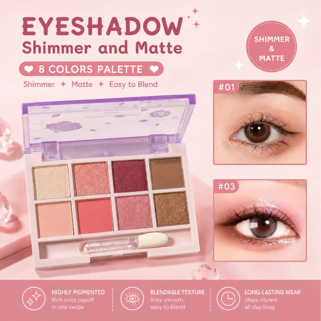 Eyeshadow Palette 8 Colors Matte & Shimmer Silky Texture Tahan Lama Waterproof 290