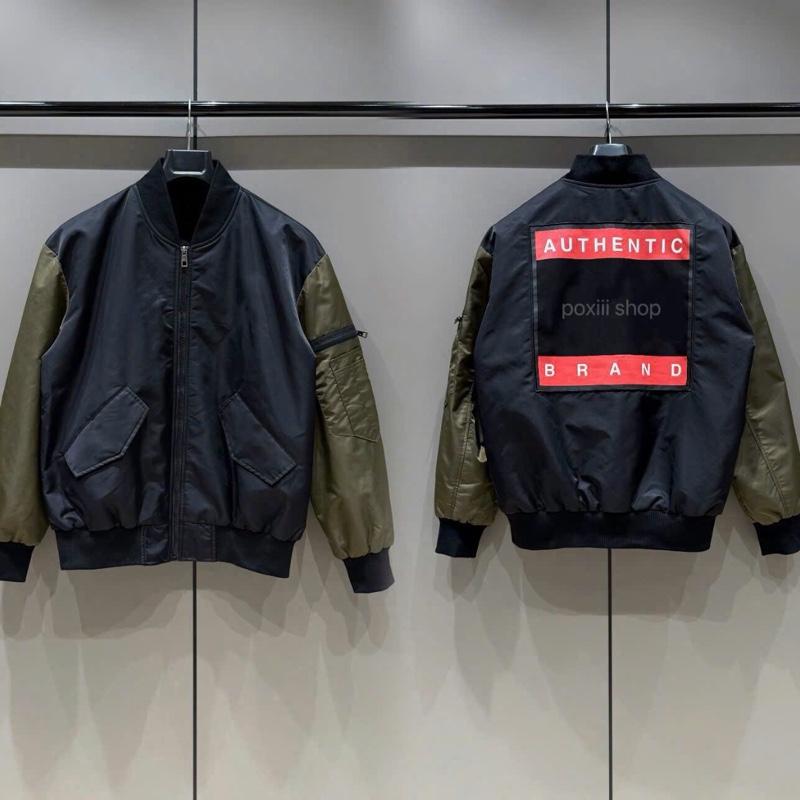  Áo Khoác Bomber Dô Đan Trần Phao Mix Tay Rêu Kèm Khoá Hình Thêu Vuông Da Form Chuẩn SC - Áo Khoác Nam Nữ Vải Gió Nhẹ Dày Dặn 