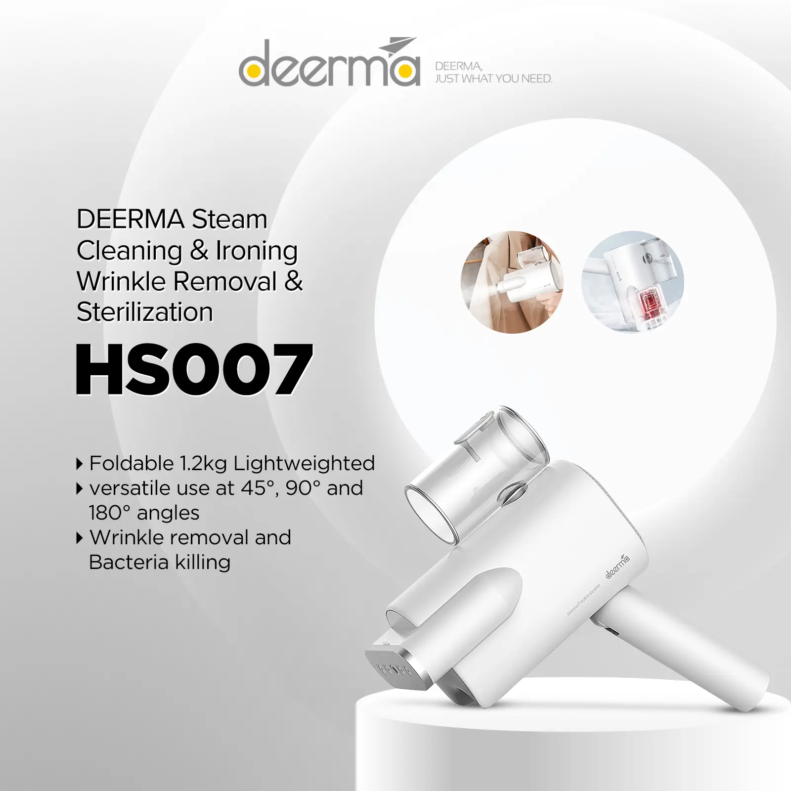 Deerma Handheld Steamer DEM-HS007, Portable Clothes Grament Steam, 160 Degree High Temperature, Fast Steam, Iron Machine, Foldable Portable Design