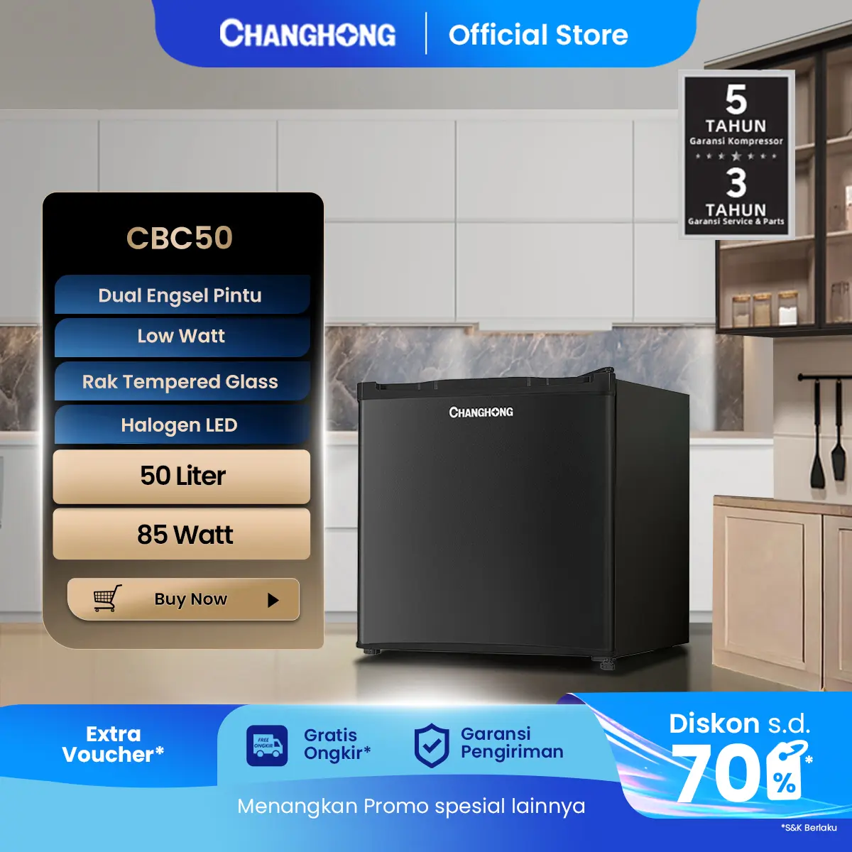 Changhong Kulkas mini anak kos Lemari Es Mini Bar  Refrigerator mini Kapasitas 50 Liter, Pendingin Minuman, Pintu Fleksibel, Hemat Listrik - CBC 50 Black