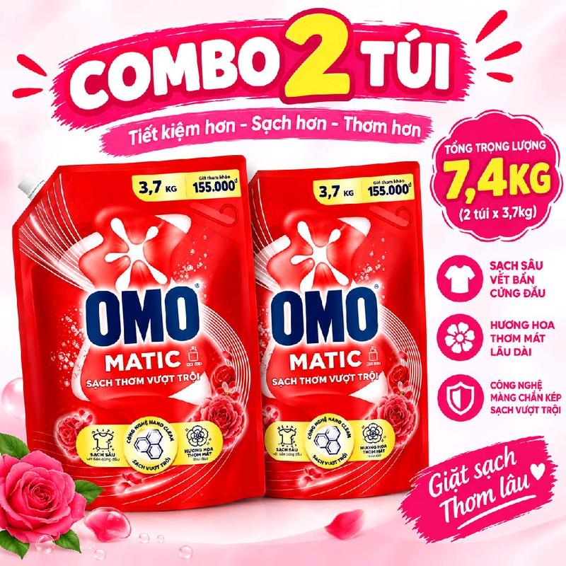 Combo 2 túi Nước giặt OMO Matic Sạch thơm vượt trội 7,4KG