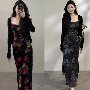 Purely seductive style, hot girl dress for women, summer slim-fitting and slim-showing dress, elegant floral print, slit design, elastic strap dress, versatile cardigan-two colors