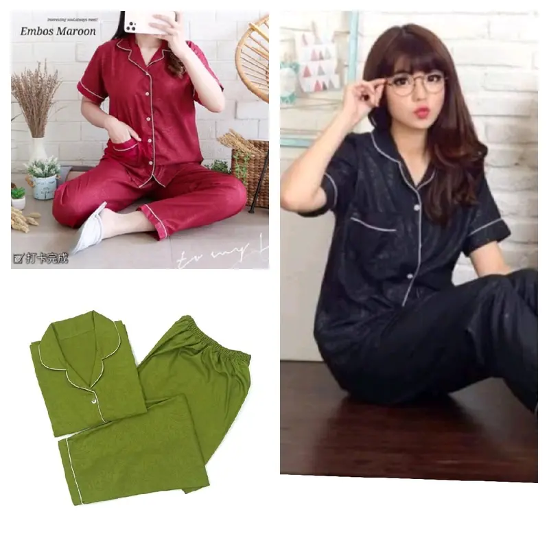 Paket Usaha 100 Ribu Dapat 3 Setel Piyama Baju Tidur Dewasa Nyaman Cantik Motif Panjang one Pendek Satin Setelan Embos Merah 0