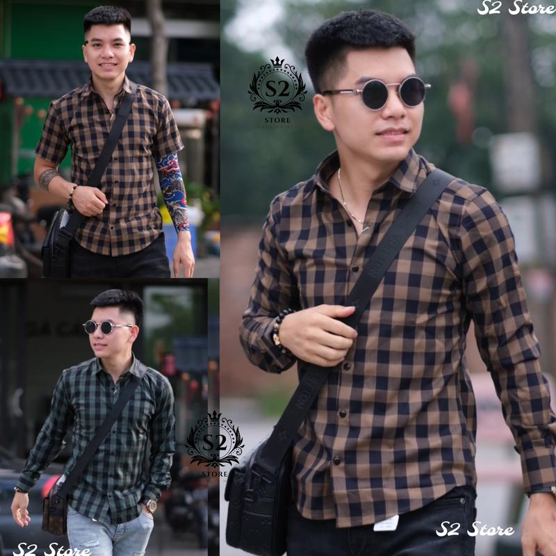 Áo Sơ Mi Sọc Caro Xanh Vàng Vải Lụa Mềm Mịn Nam Menswear Shirt Cổ Tròn Kem Có Cổ Kate
