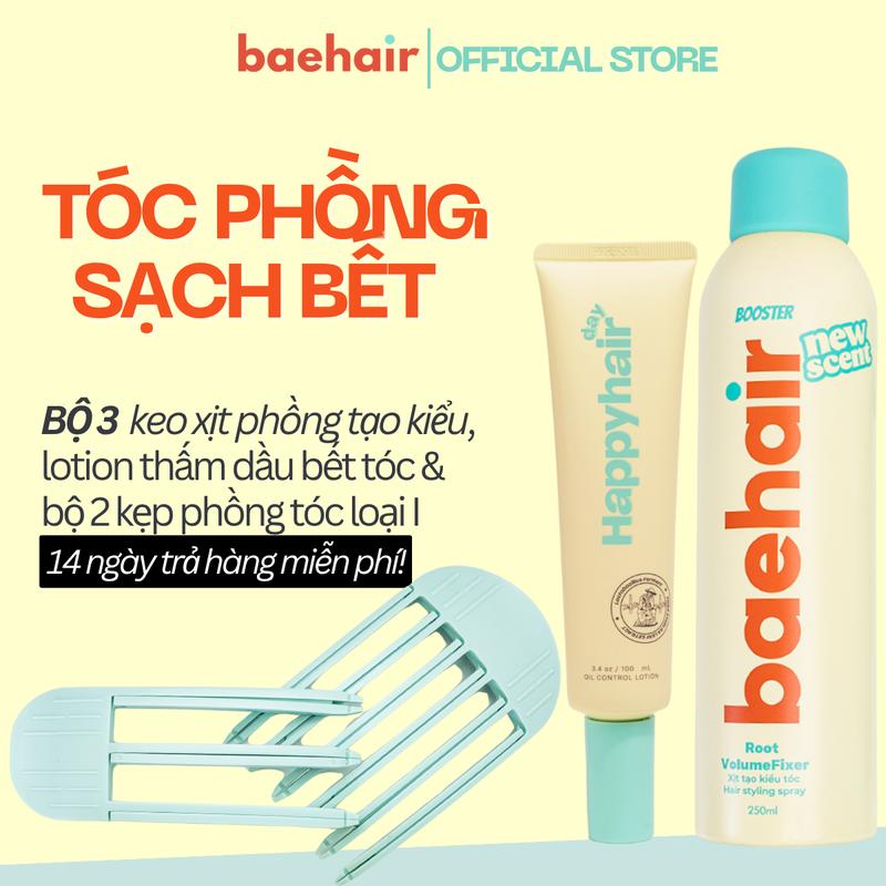 Set 3 sản phẩm tóc phồng cả ngày gồm Bộ 2 kẹp phồng tóc & Xịt tạo kiểu BAEHAIR 250ml và Lotion kiềm dầu bết tóc HAPPY HAIR DAY 100ml