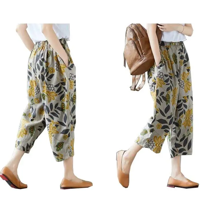 Seluar Harem Kasual Musim Panas, Yingbao, Untuk Wanita, Saiz M hingga 4XL, Diperbuat daripada Linen Kapas, Cetakan Pantai Boho, Buku lali, Seluar Kesembilan Bohemia, Saiz Besar Tersedia
