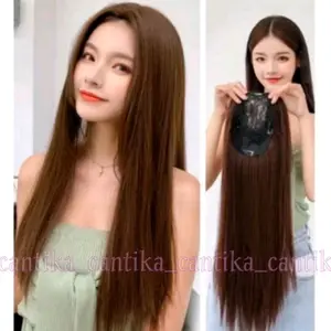 CANTIKA TOUPEE WANITA RAMBUT LURUS PANJANG 55 CM DENGAN PONI DAN BELAH TENGAH HAIR TOPPER WANITA RAMBUT PANJANG PENEBAL & PENUTUP UBAN WANITA SINTETIK FIBER PREMIUM