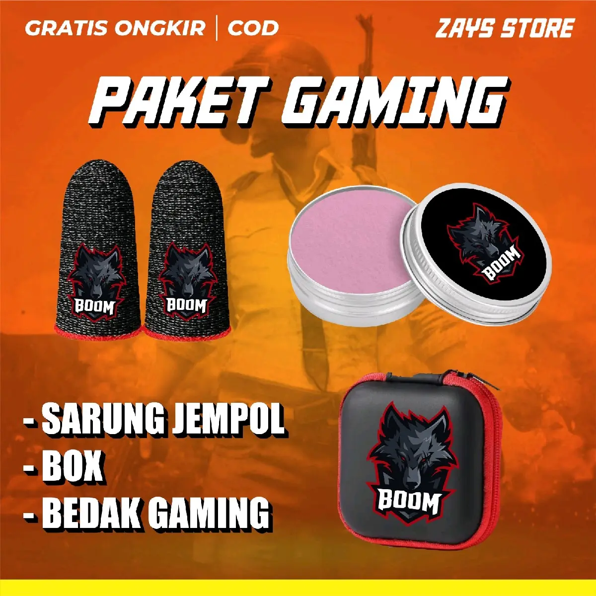 BEDAK GAMING BOOM Paket Gaming 3 Item: Bedak Gaming, Sarung Jempol, Box Game finger