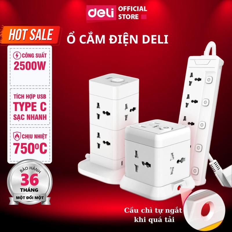 DELI Ổ cắm điện đa năng dáng dài và dáng vuông trụ tích hợp cổng USB và type C có sạc nhanh công suất 2500W nhựa ABS an toàn chống cháy nổ ổ điện ổ cắm ổ trụ có cầu chì tự ngắt khi quá tải