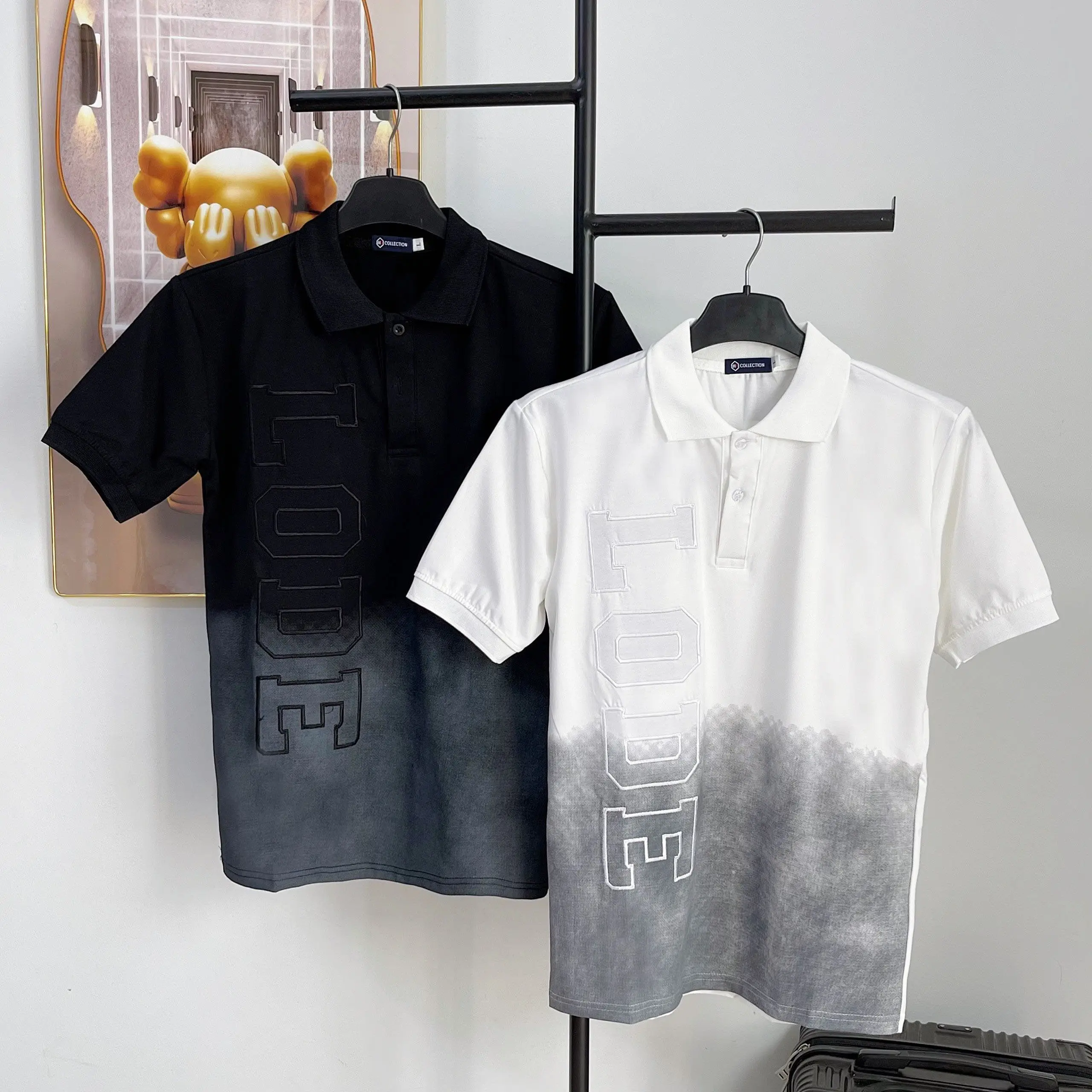 Áo polo nam, nữ màu đen , thiết kế loang màu thêu chữ vải co giãn thoáng mát-MENSWEAR STORE
