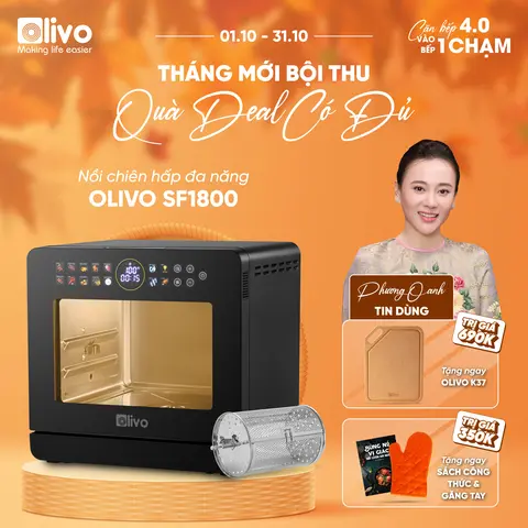 Nồi Chiên Hơi Nước OLIVO SF1800 ULTRA 18L - Bảng Điều Khiển OLED Cảm Ứng Tiếng Việt, ông Nghệ Hấp GreenSteam/Chiên Eco Fry, 100 Chế Độ Cài Sẵn, Đột Phá Chiên Hấp Đa Giai Đoạn, Màu Titanium