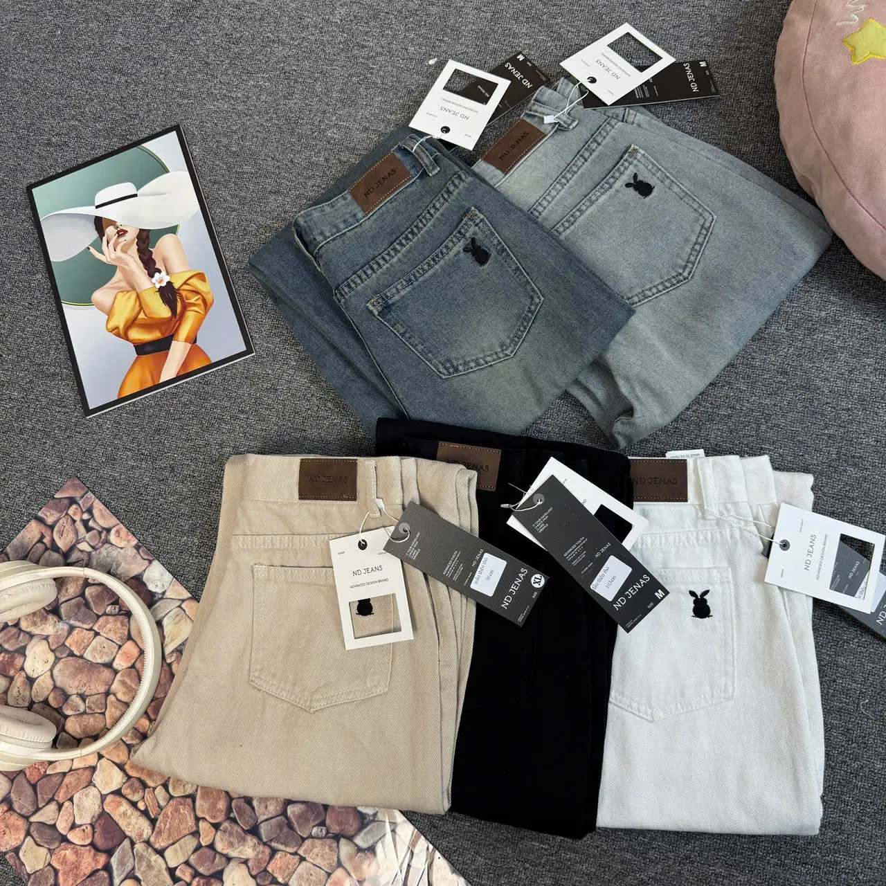(ND Jean) Quần Jean Kaki Nữ Ống Suông Thêu Thỏ Lưng Cao - Dài 96-103CM -  5 Màu – Form Suông, Vải Không Giãn, Dễ Mặc | BigBuy360 - bigbuy360.vn
