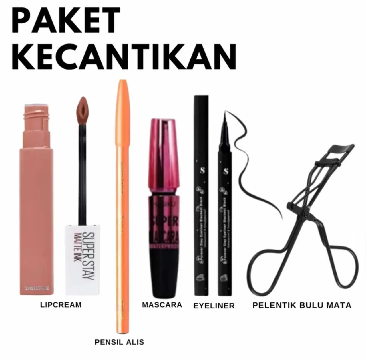 Paket Make Up Special Kecantikan 5 in 1 - Lip Cream - Mascara - Pensil Alis - Eyeliner + Pelentik Bulu Mata Waterproof