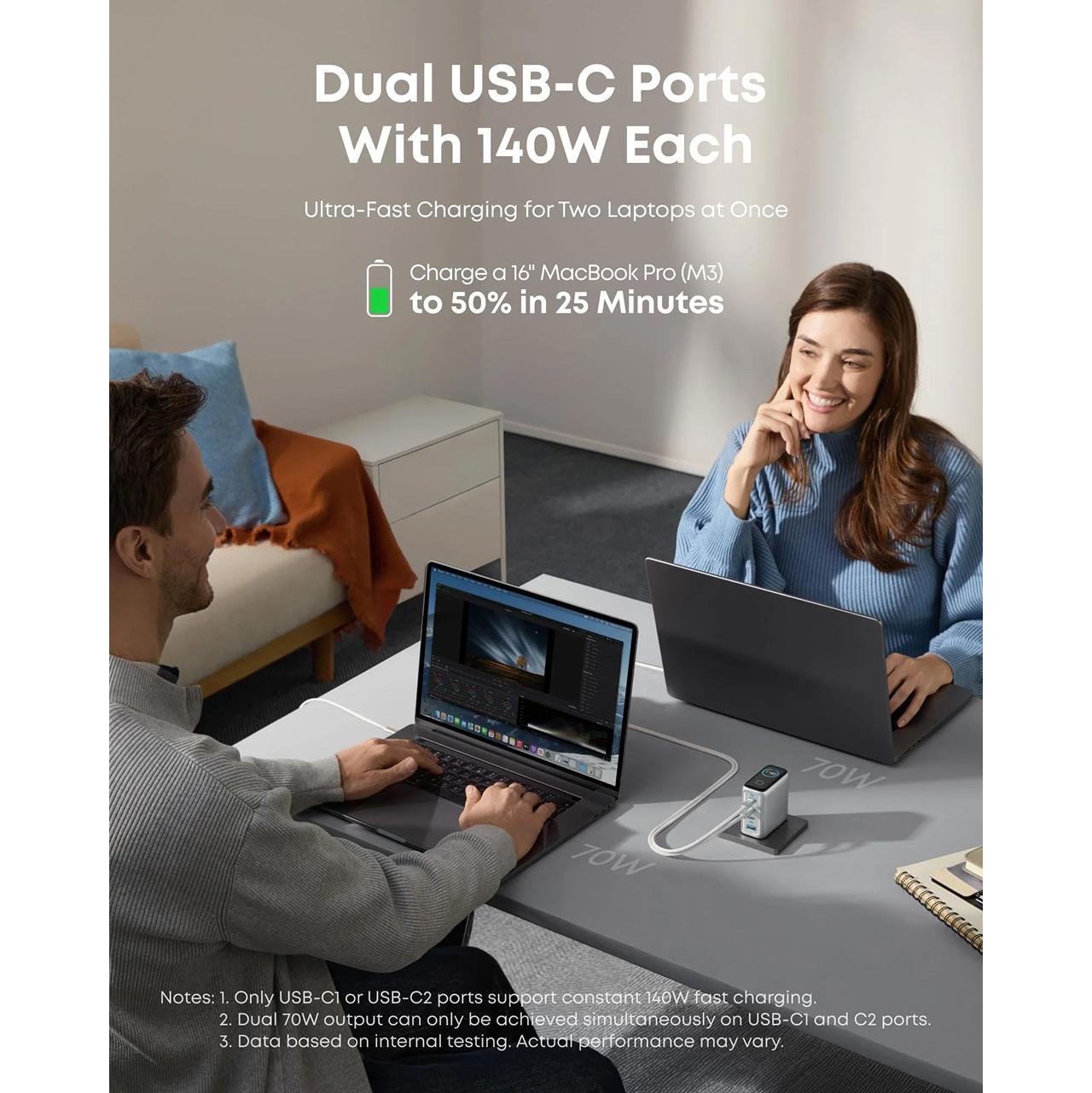 Anker Wall Charger 140W 3C 1A (+ Cable Charger USB C to USB C) With LED Display - Dark Gray B2697GZ1