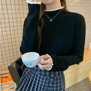 Women's Sweet Lace Long Sleeve Knit Top, Half High Round Neck Design, Perfect for Fall & Winter, Stylish Women's Innerwear 8690# Knitwear Womenswear Basic Fitted Minimalist