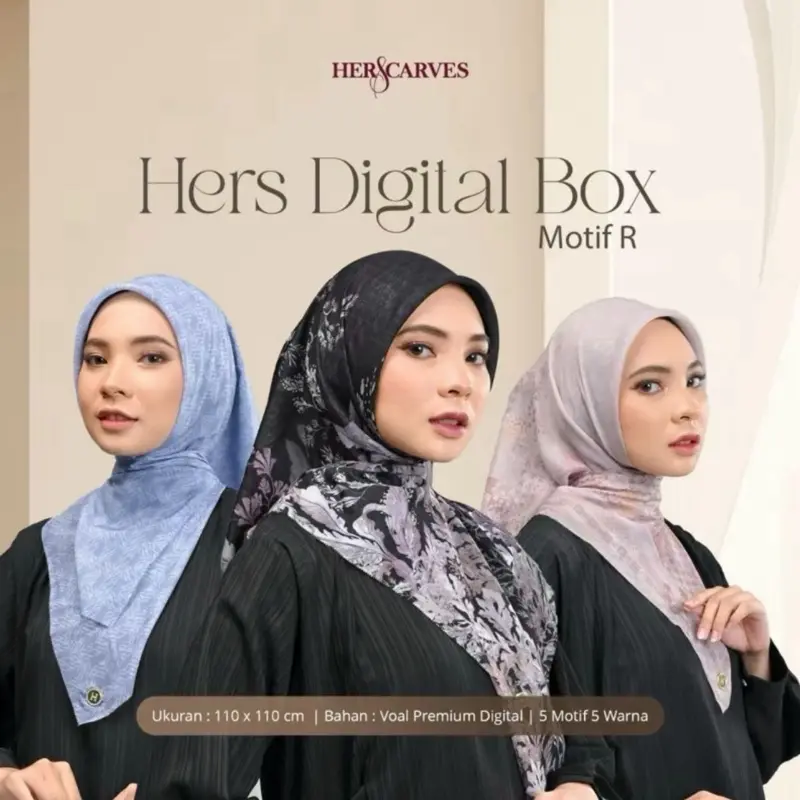 Hijab Herscarves BOX (isi 2 )PCS Segiempat Motif  Jilbab Digital Lembut Voal 7