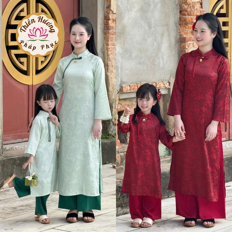 Áo dài mẹ bé cổ tàu kèm nơ chuông lụa gấm mềm mát Set áo dài mẹ và bé mặc tết 2026 đi chùa chụp ảnh