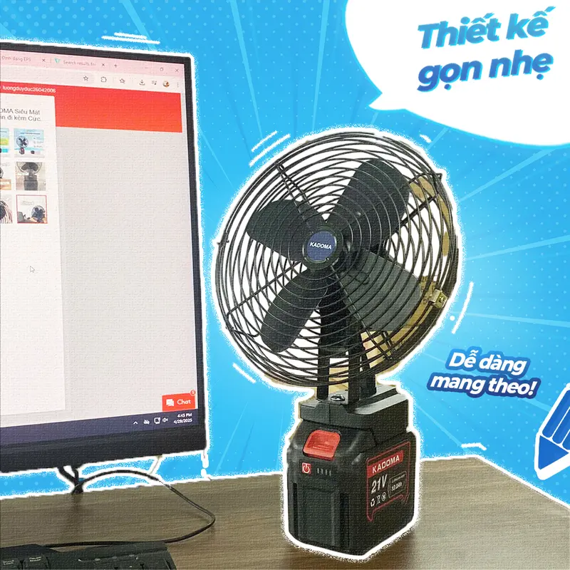 Quạt Tích Điện KADOMA 2 Cấp Độ Gió Kèm Pin 20 Cell Dùng Liên Tục 13H, Quạt Pin Makita Chân Pin Phổ Thông Để Bàn Gió Siêu Mát Tặng Sạc  tích  điện  cỡ   động quạt  sạc  tích  điện  hằng  du  mục 1