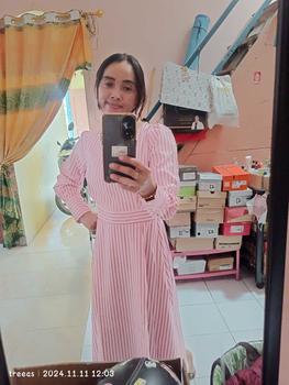 Product Review of LUXME 【ready stock】 Gaun Wanta Rok Panjang Lengan Panjang Lipatan Bergaris Warna Pink from t**s 0