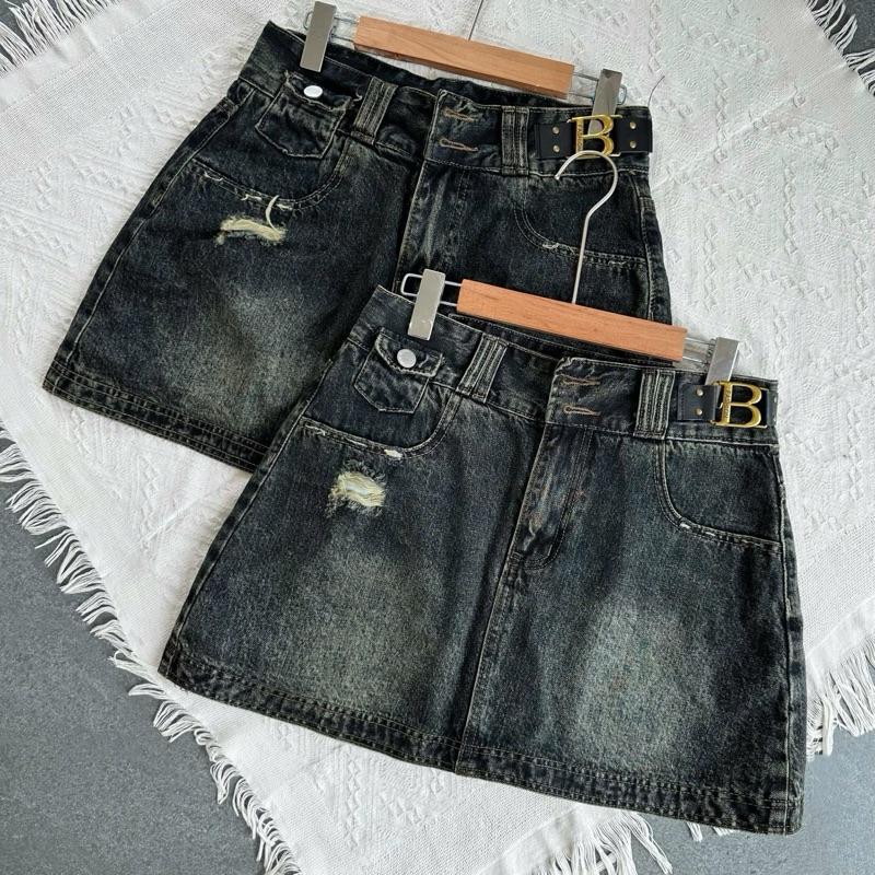 1288 BIGGSIZE Chân váy jeans nữ cạp cao không dãn chân váy dáng chữ A hai cúc tạo kiểu tag chữ B
