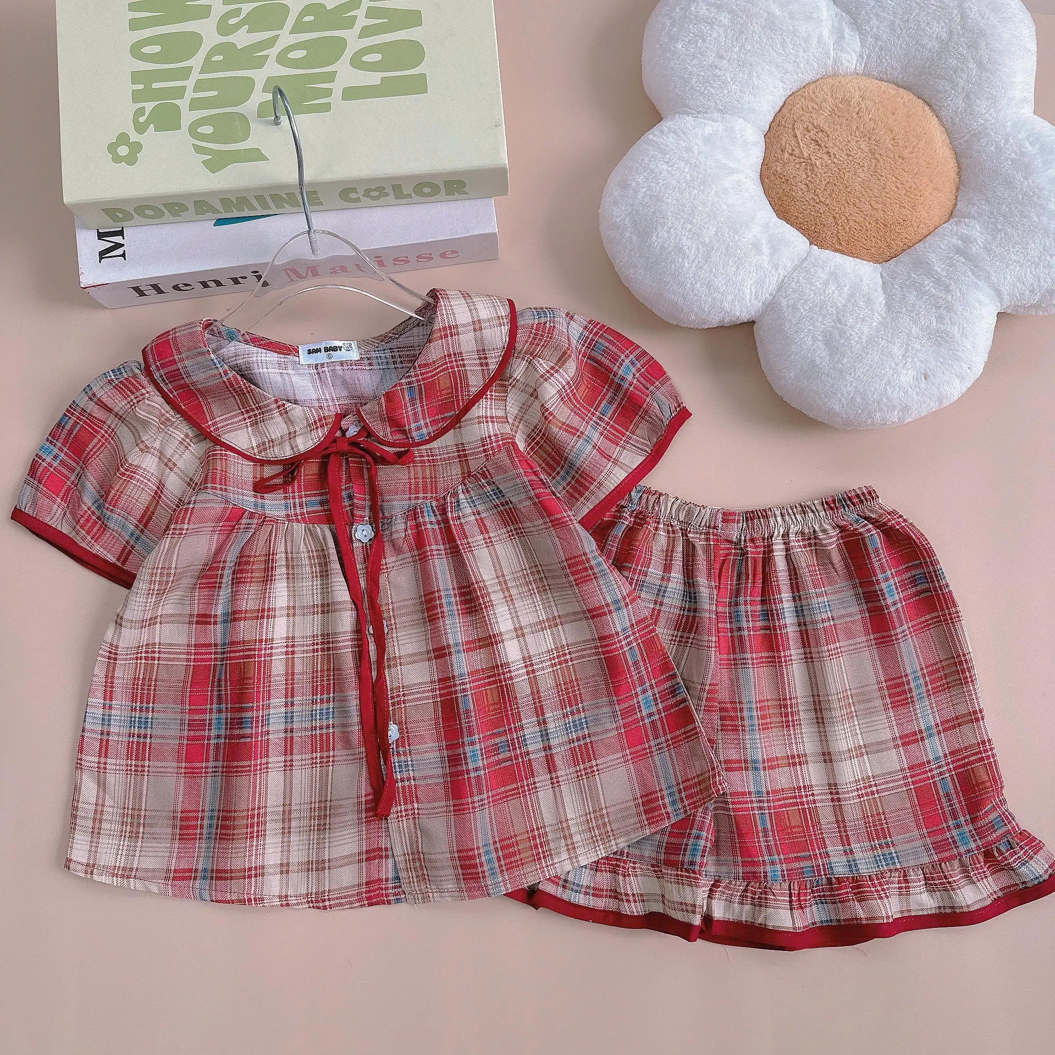 Bộ tole/lanh tay ngắn quần đùi phối nơ chạy bèo duyên dáng cho bé từ 7-35kg