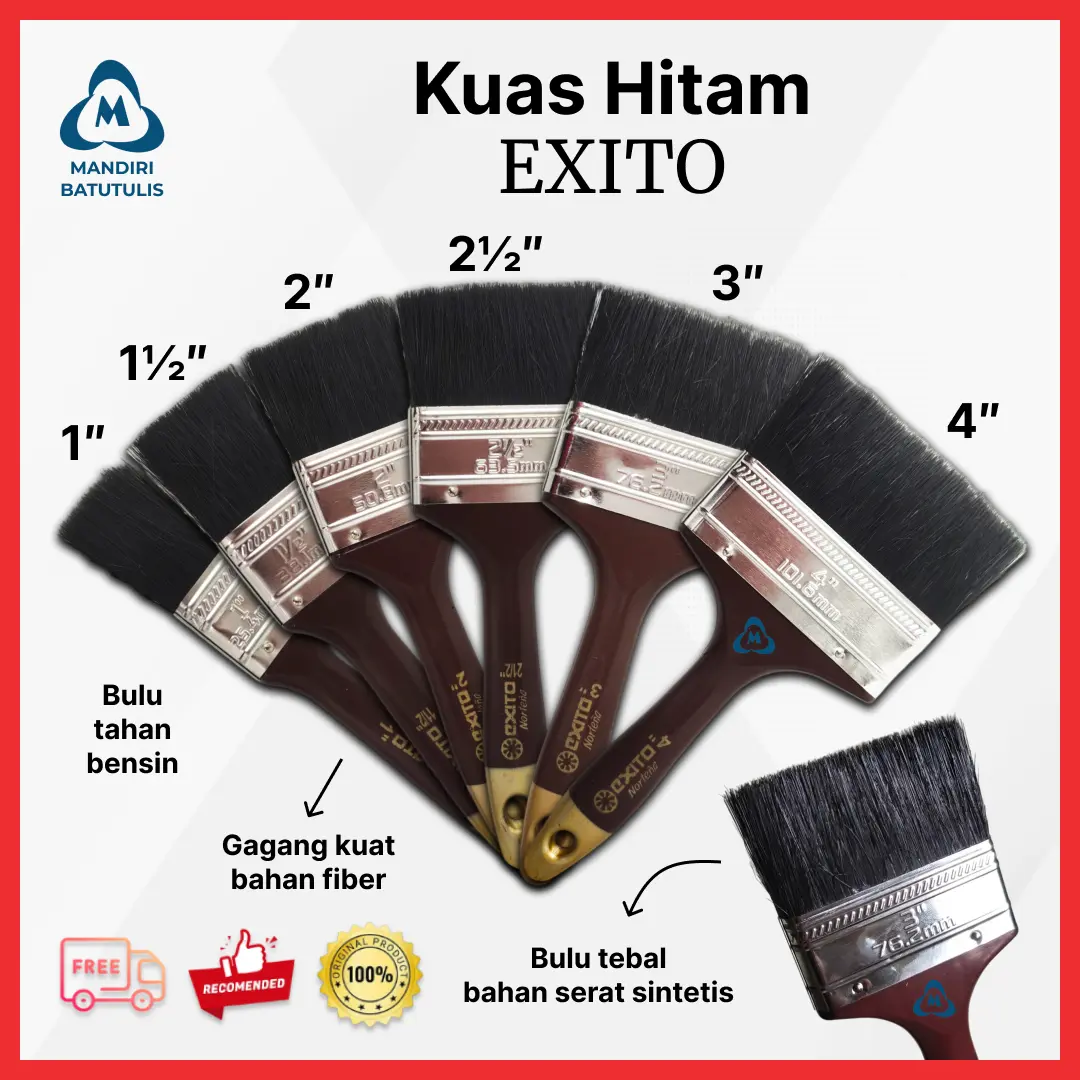 Kuas Cat Hitam EXITO - Koas Tembok Bulu Tebal Sintetis Fiber Anti Rontok Ukuran 1" 1.5" 2" Inch - Kuas Plastik Tahan Bensin