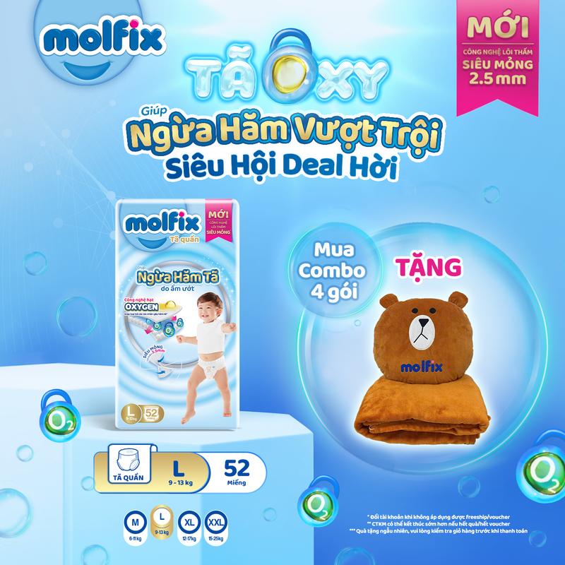   Tặng Bộ Chăn Gối Gấu  Combo 4 gói Tã quần Molfix Oxy Super Jumbo giúp Ngừa Hăm Tã đủ các size M,L,XL,XXL,XXXL 