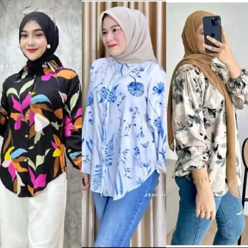 Kemeja Wanita Oversize Shirt Rayon Motif Premium - Kemeja Basic Blouse Lengan Karet 0