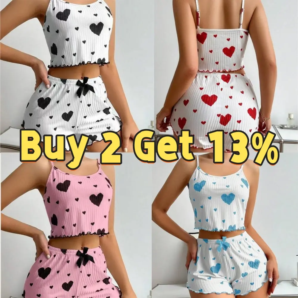 【Buy 2 Get 13%】Women'S Pajamas Set Fashion Sleepwear Short Tank Tops And Shorts White Ventilate Soft Casual Love Printing